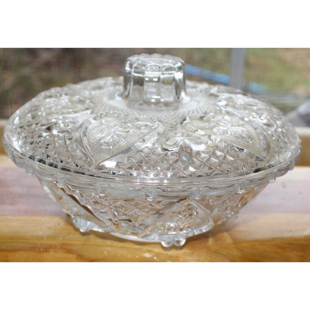 Vintage KIG Malyasia Clear Glass Candy Dish With 7” Lid Heart Rose Fleur de Lis